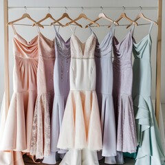 Variety of Pastel Bridesmaid Dresses Hanging on a Rack