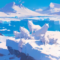 Adorable Gathering of Playful Arctic Foxes Frolicking on a Cold Mountain Top with Clear Blue Skies