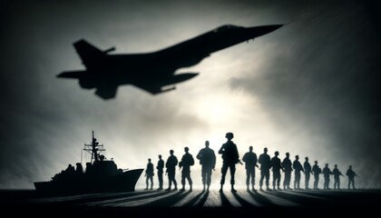 Silhouette of military forces with jet and warship - obrazy, fototapety, plakaty