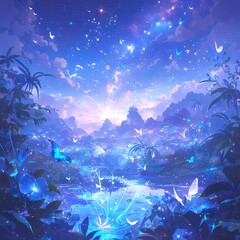 Fototapeta na wymiar Ethereal Blue Fantasy Forest with Stunning Lighting Effects