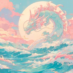 Fototapeta na wymiar Stunning Mythical Creature Illustration: Powerful Blue Dragon Roaming the Sea at Twilight
