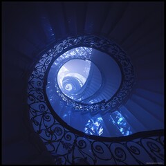 Grand and Elegant Spiral Staircase in a Dramatic Lighting Setting with Sunlight Brimming through Open Windows