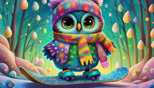 oil painting style cartoon character multicolored a cute baby cartoon owl with a scarf on a snowboard