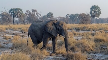   An elephant stands amidst a dry grass field, surrounded by trees and bushes, in a foggy morning