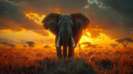   An elephant stands in a field as the sun sets, casting long shadows; clouds scatter across the sky