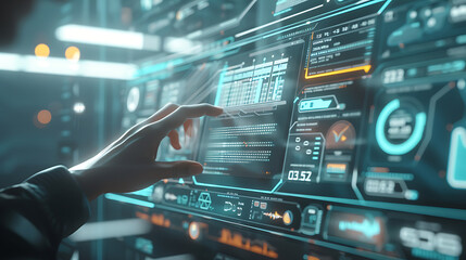 This image depicts a close-up view of someone interacting with a futuristic digital project management interface displayed on a transparent screen