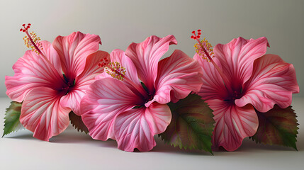 Set of hibiscus flowers isolated on a transparent background.