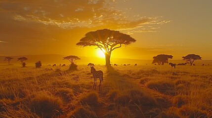   A herd of giraffes grazes atop a grassy field, surrounded by a solitary tree as the sun sets