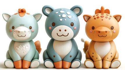 Cutout set of 3 cartoon animal toys characters isolated on transparent background - obrazy, fototapety, plakaty