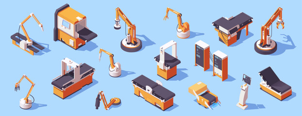 Isometric vector illustration of various industrial robotic arms and machinery on a light blue background, symbolizing automation. Vector illustration - obrazy, fototapety, plakaty