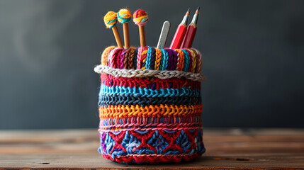 Knitted Jar Cover with Yarn Balls - obrazy, fototapety, plakaty