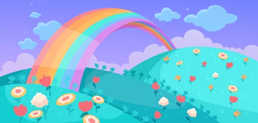 Poster A colorful landscape with a rainbow, flowers, and hills, in a vector illustration style on a purple gradient background, depicting a cheerful, whimsical theme. Vector illustration © GN.STUDIO