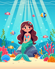 Obraz na płótnie Canvas A stylized mermaid with sea creatures underwater, vector illustration on a marine-themed background, concept of fantasy. Vector illustration