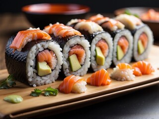A plate of sushi with a variety of rolls and garnishes
