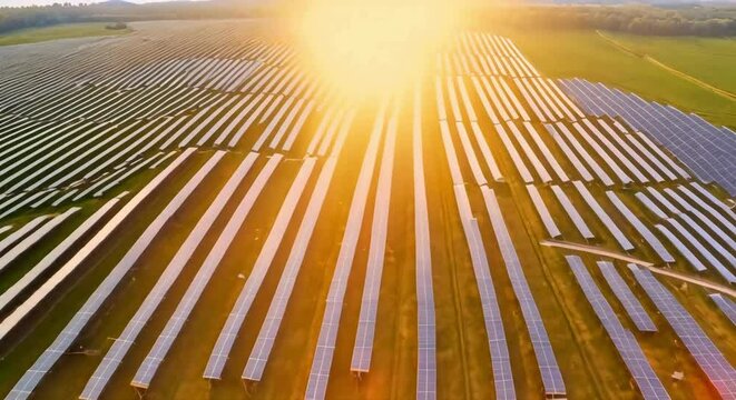 Green Energy Innovation: Solar Power Station Panels in Fields Harnessing Renewable Energy at Sunset, Fostering Ecological Balance and Environmental Preservation. Captured in Stunning Slow Motion, Offe
