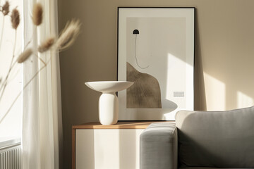 A modern minimalist artwork with abstract shapes and neutral tones, displayed on the wall of an elegant living room with beige walls. A white ceramic vase sits beside it, adding texture to the space. 