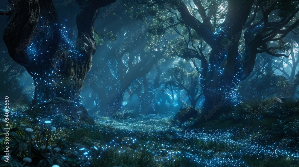Poster a mystical night scene in an enchanted forest with sparkling blue fireflies setting a magical mood
