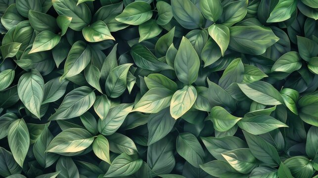 Soft light casts delicate shadows on the intertwined patterns of green leaves