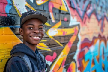Cheerful boy wearing a cap and backpack with a bright graffiti backdrop, having a big smile