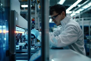 A focused scientist in a white coat working in a high-tech laboratory environment, representing innovation and precision
