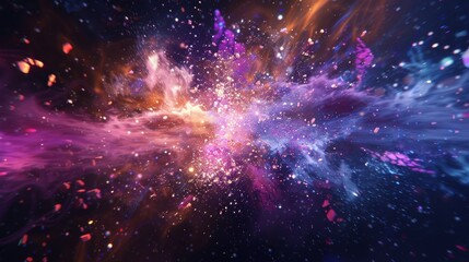Fototapeta na wymiar This image shows an explosive burst with streams of purple and gold, suggesting a powerful cosmic event