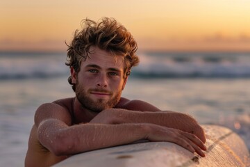 A sun-kissed surfer rests on his board, with a beautiful sunset backdrop at the beach