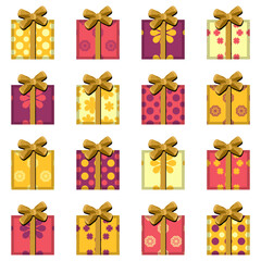 Set with present boxes with ribbons and bows different prints on white background isolated collection stickers clipart	