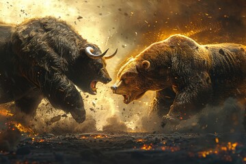 Illustration Bull and bear fighting, symbolizing rising and falling markets Intense lighting, bold style , High detail, High resolution, - obrazy, fototapety, plakaty