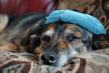An image of a comfortable dog lying down with a therapeutic ice pack on its head, face hidden for anonymity