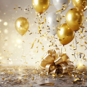 Decoration with golden ballons and ribbon