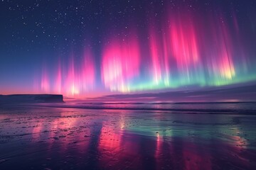 The sky is filled with colorful auroras, creating a beautiful - obrazy, fototapety, plakaty