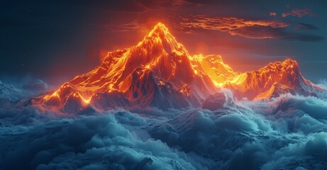 A mountain with a fire on top of it - obrazy, fototapety, plakaty