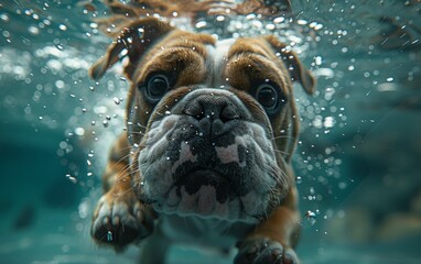 A dog is swimming in a pool. Summer heat concept, background - obrazy, fototapety, plakaty