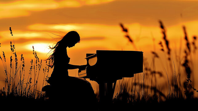 silhueta de bela tocando piano