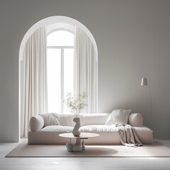 Chic Minimalist Interior featuring a plush white sofa, sheer curtains and a sunlit atmosphere.