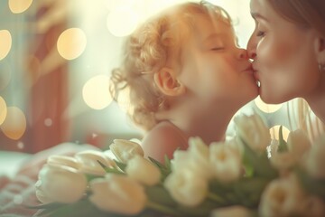 A woman kisses a child while holding a bouquet of white flowers. Happy Mother's Day concept - Powered by Adobe