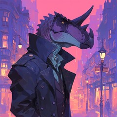 Vintage Cityscape with Sleuthing Ceratosaurus in Suave Detective Attire