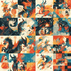 Fantasy dragons and mythical creatures in an abstract geometric art piece. Stylized scene with vibrant colors and intricate patterns for a unique artistic experience.