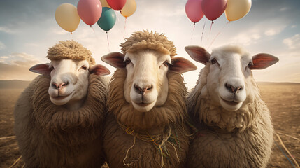 Eid al Adha greeting Sheep Portrait with balloons - obrazy, fototapety, plakaty