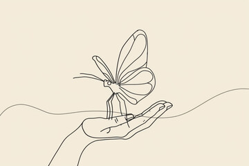 One continuous line drawing of hand holding butterfly. Beautiful flying moth for wellbeing beauty or spa salon logo in simple linear style. Editable stroke. Doodle outline vector illustration vector i