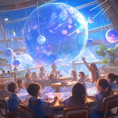 Young Minds Exploring Cosmic Knowledge in a Futuristic School Setting