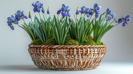   A white table holds a wicker basket brimming with blue blossoms Nearby, a planter is draped in green moss