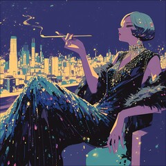 Majestic androgynous diva in sequined Art Deco gown overlooking city skyline.