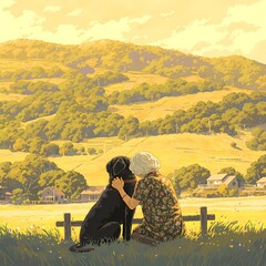 A tender moment between an older woman and her loyal canine companion against the backdrop of rural beauty.