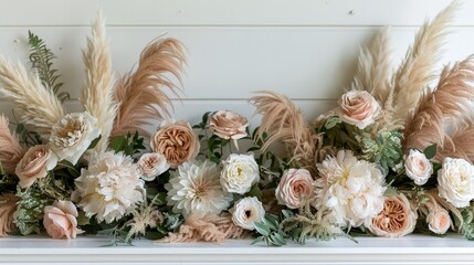   A mantel adorned with an arrangement of flowers atop fake grass, crowned with feathered blooms