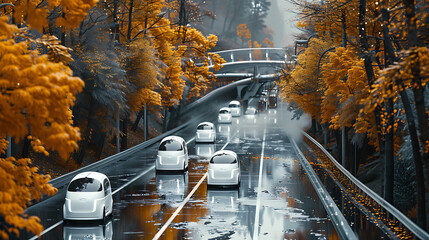 The image depicts a convoy of modern, white autonomous vehicles traveling on a wet road surrounded by autumn foliage