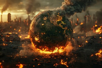 Glowing planet is surrounded by a fiery landscape. The concept of disasters and cataclysms, war and apocalypse
