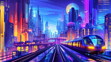 Fototapeta na wymiar Bring a futuristic cityscape to life in a side view, using vibrant colors and meticulous detailing in a 3D vector art style Show dynamic architecture and sleek transportation for a visually captivatin