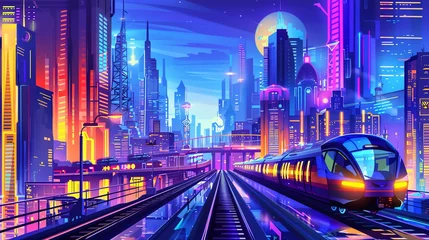 Papier Peint photo Bleu foncé Bring a futuristic cityscape to life in a side view, using vibrant colors and meticulous detailing in a 3D vector art style Show dynamic architecture and sleek transportation for a visually captivatin