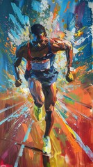 Capture the essence of success with a traditional acrylic painting of a marathon runner crossing the finish line in a burst of energy and triumph Use bold brush strokes to convey motion and accomplish